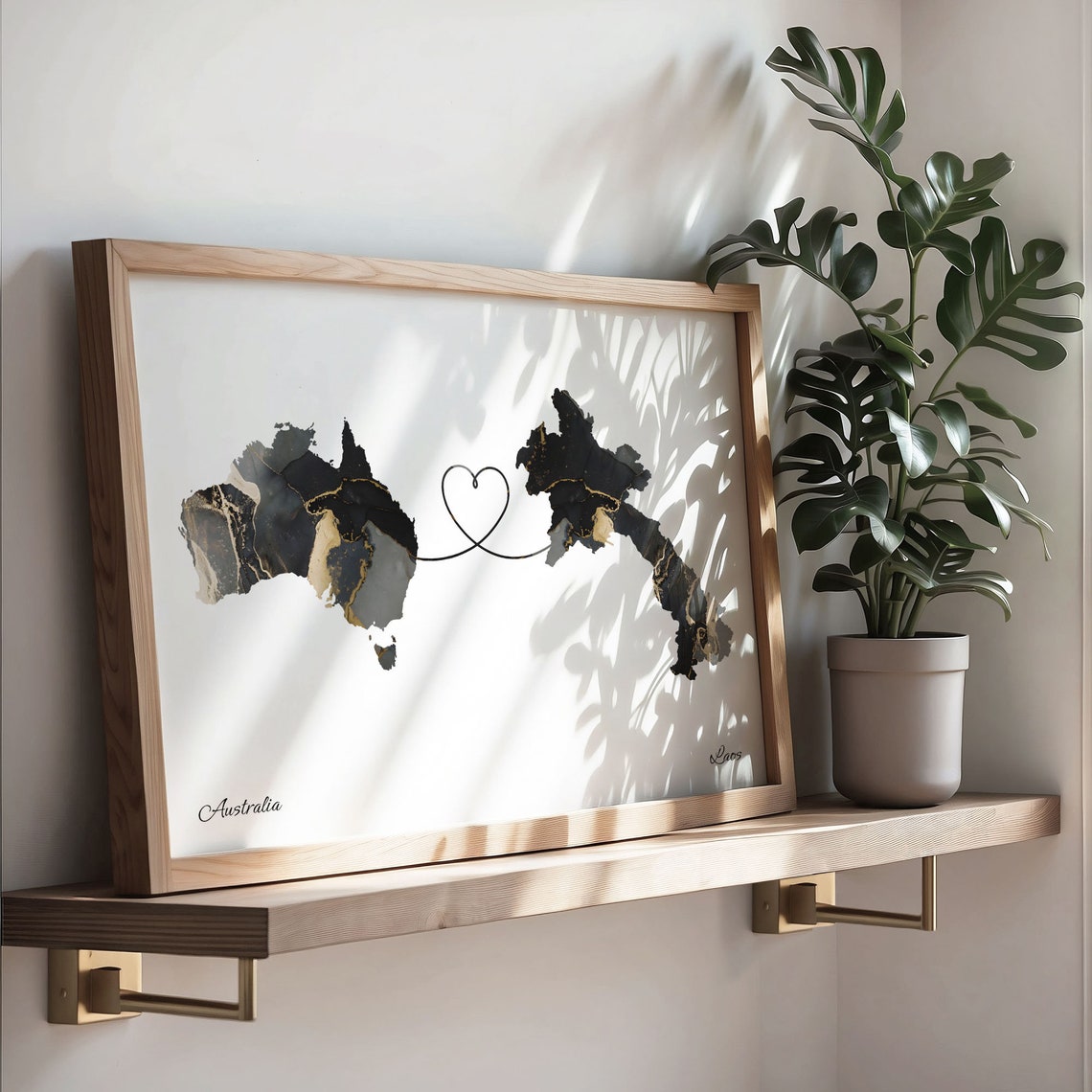 Australia to Laos Black Gold Marble Heart Connection Map Poster - Image 3