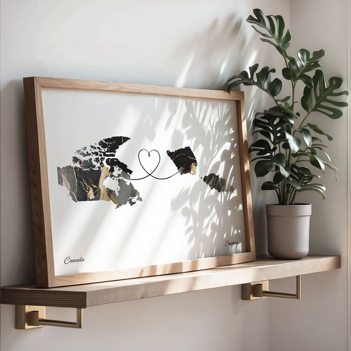 Canada To Samoa Black Gold Marble Long Distance Heart Map Poster - Image 3