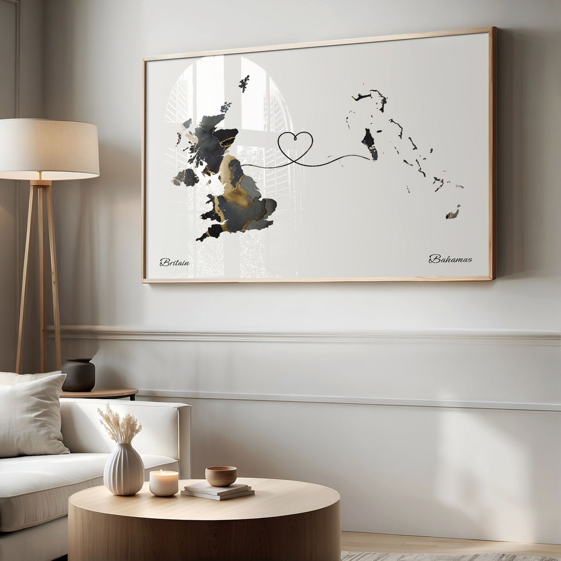 Britain to Bahamas Marble Heart Map Poster Long Distance Love Gift - Image 2