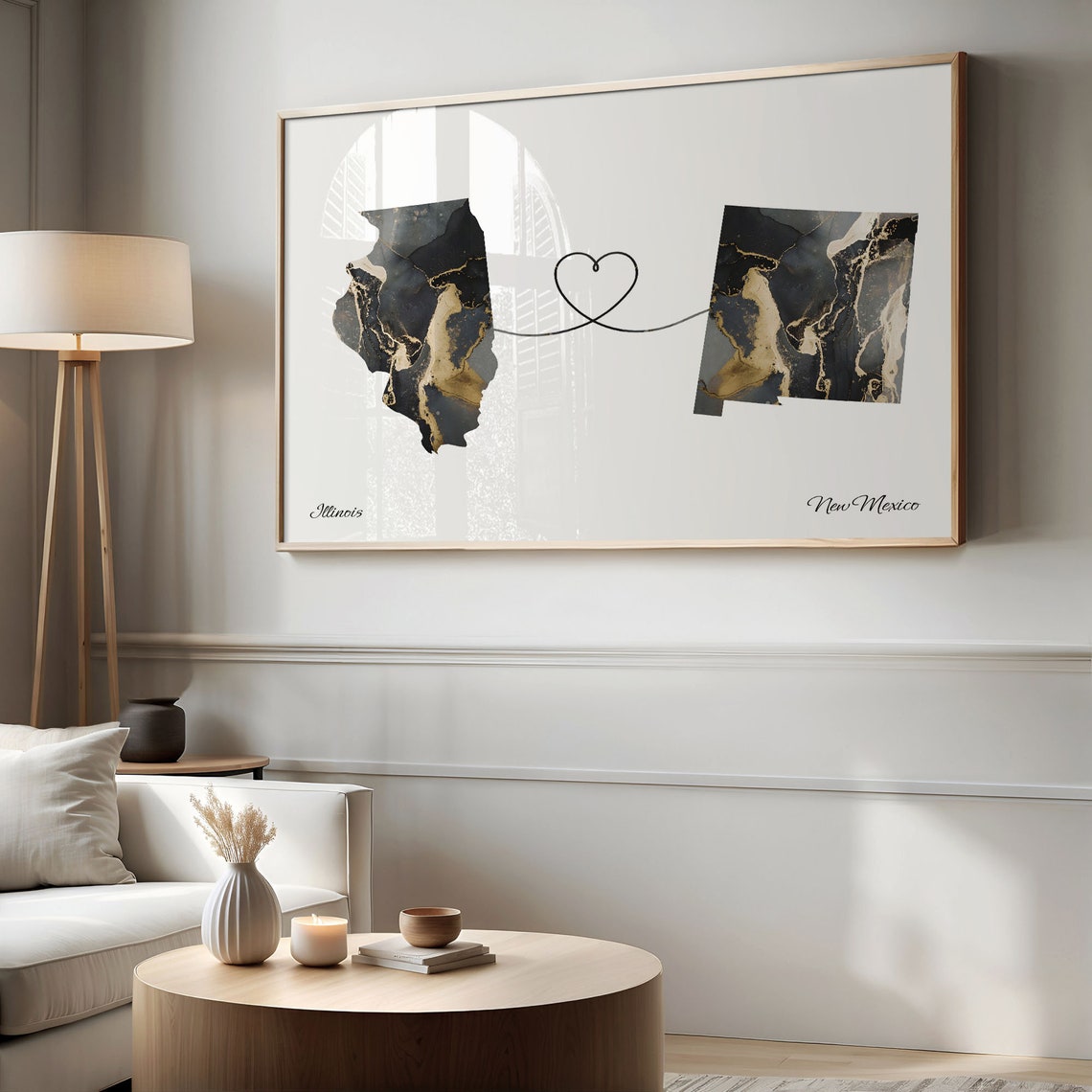 Illinois to New Mexico Black Gold Marble Map Heart Connection Poster - Image 2