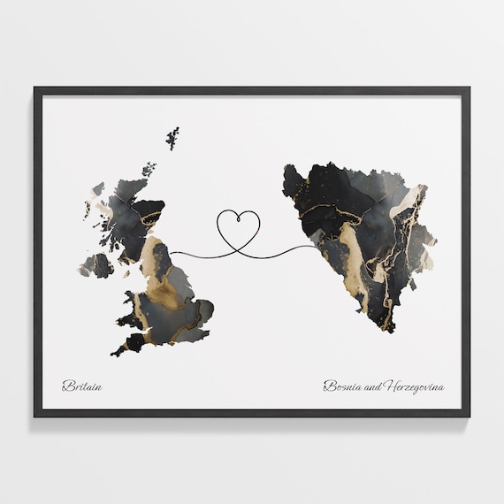 Britain to Bosnia and Herzegovina Marble Heart Map Print Long Distance Relationship Gift
