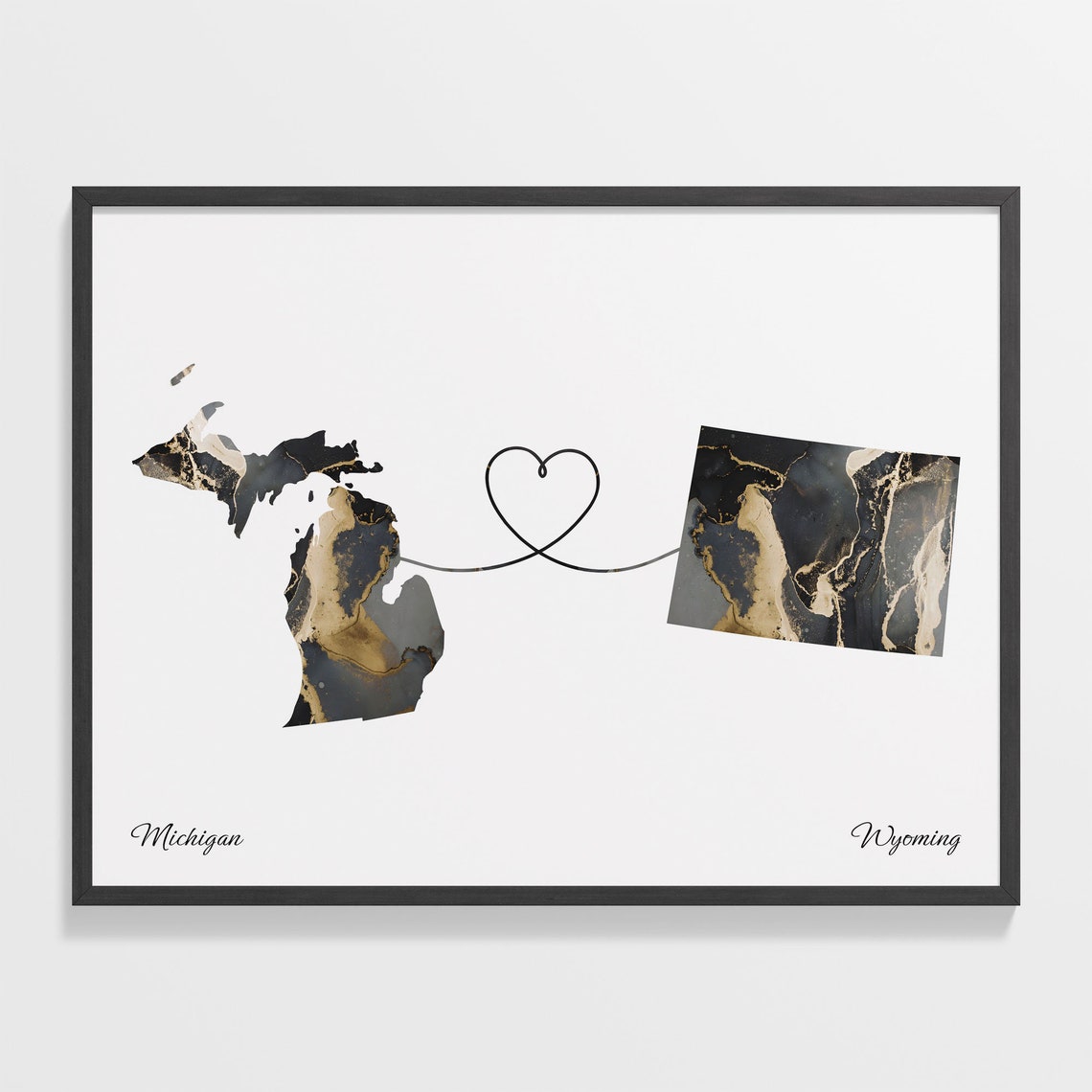 Michigan Wyoming Long Distance Love Black Gold Marble Map Poster