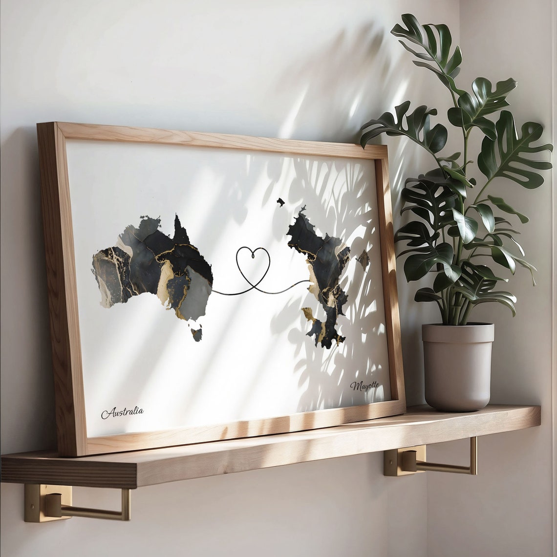 Australia Mayotte Long Distance Love Black Marble Heart Map Poster - Image 3
