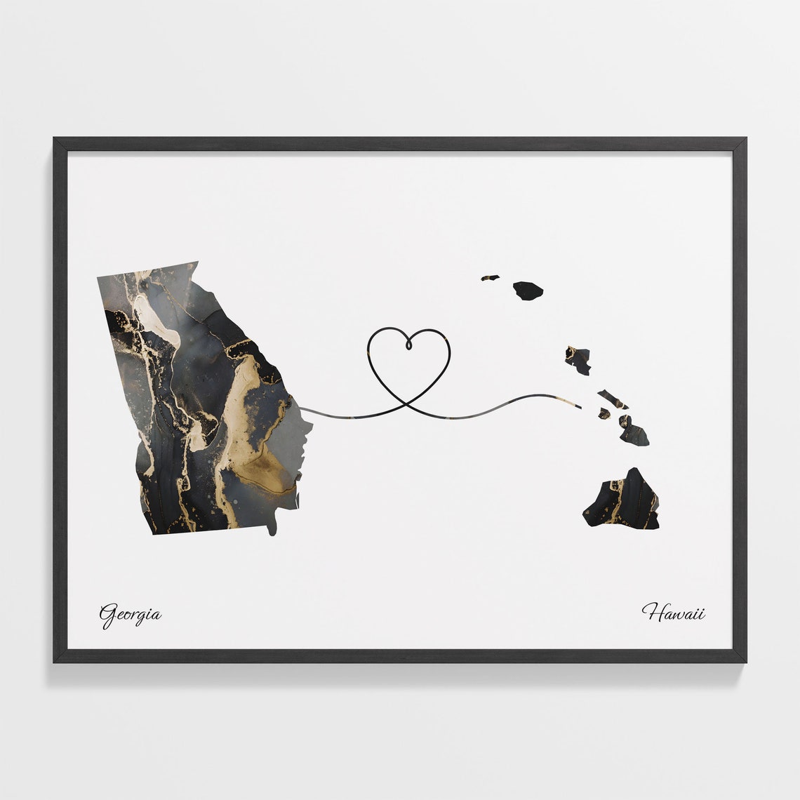Georgia Hawaii Black Gold Marble Map Art Heart Connection Poster