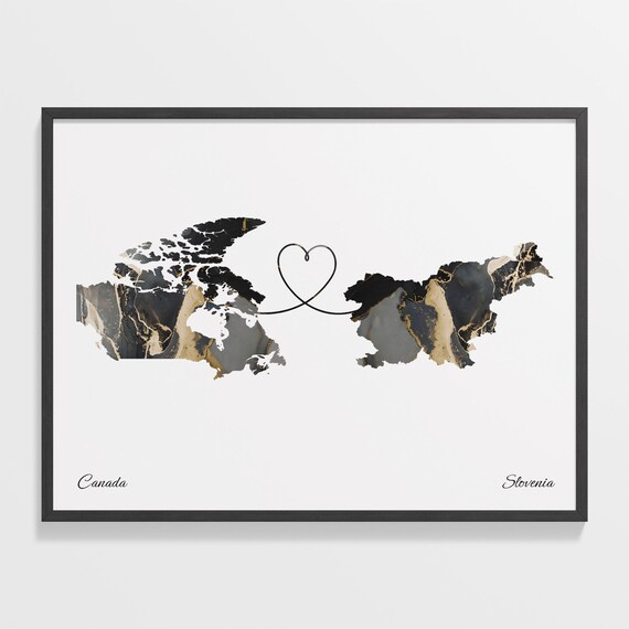 Canada Slovenia Long Distance Love Black Marble Heart Map Poster