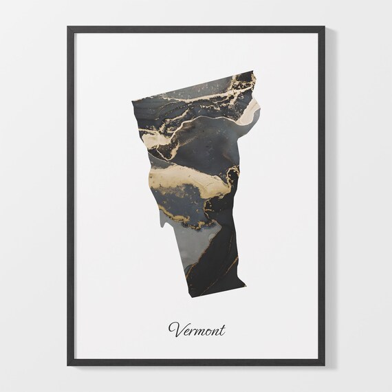 Vermont Black and Gold Marble Silhouette State Map Art Poster
