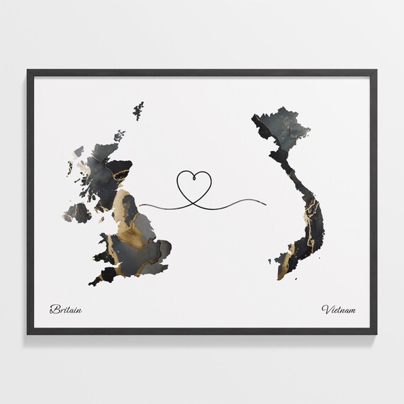 Britain To Vietnam Long Distance Marble Map Heart Print Gift