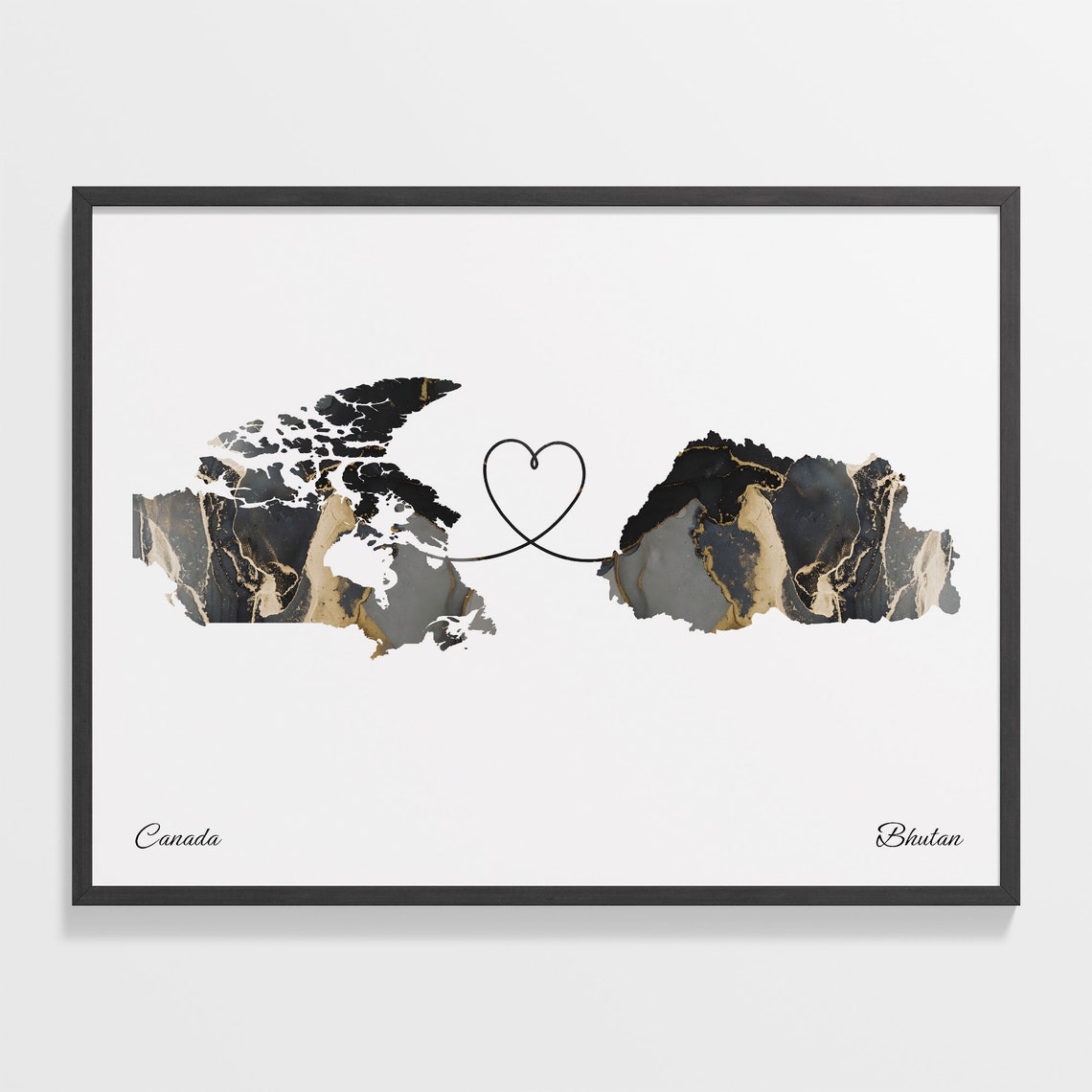 Canada to Bhutan Black Gold Marble Heart Connection Map Poster