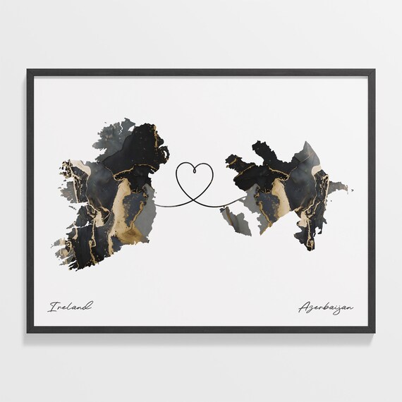 Ireland and Azerbaijan Black Gold Marble Map Heart Connection Poster
