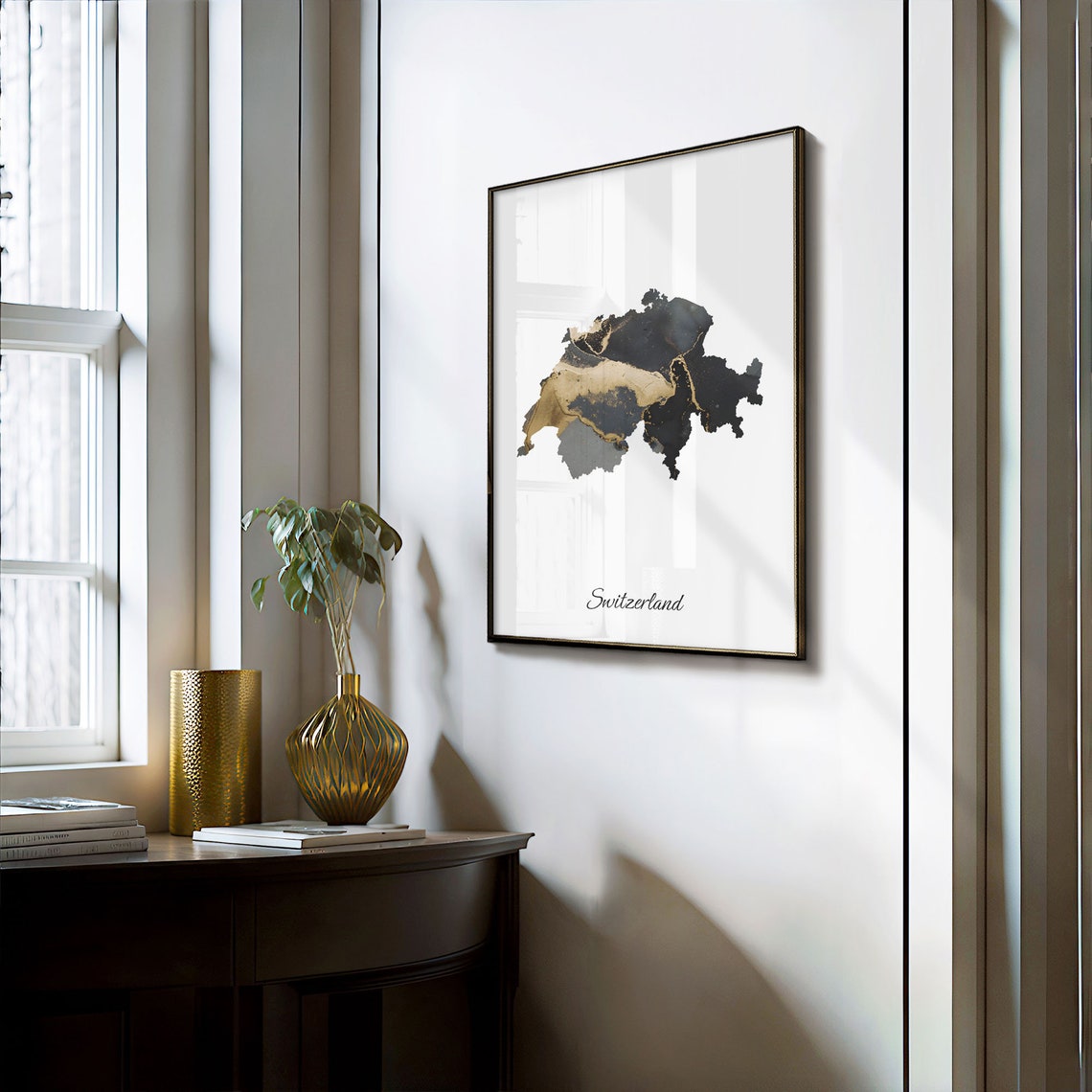 Switzerland Modern Black Gold Marble Map Office Wall Decor Art Poster - Image 3