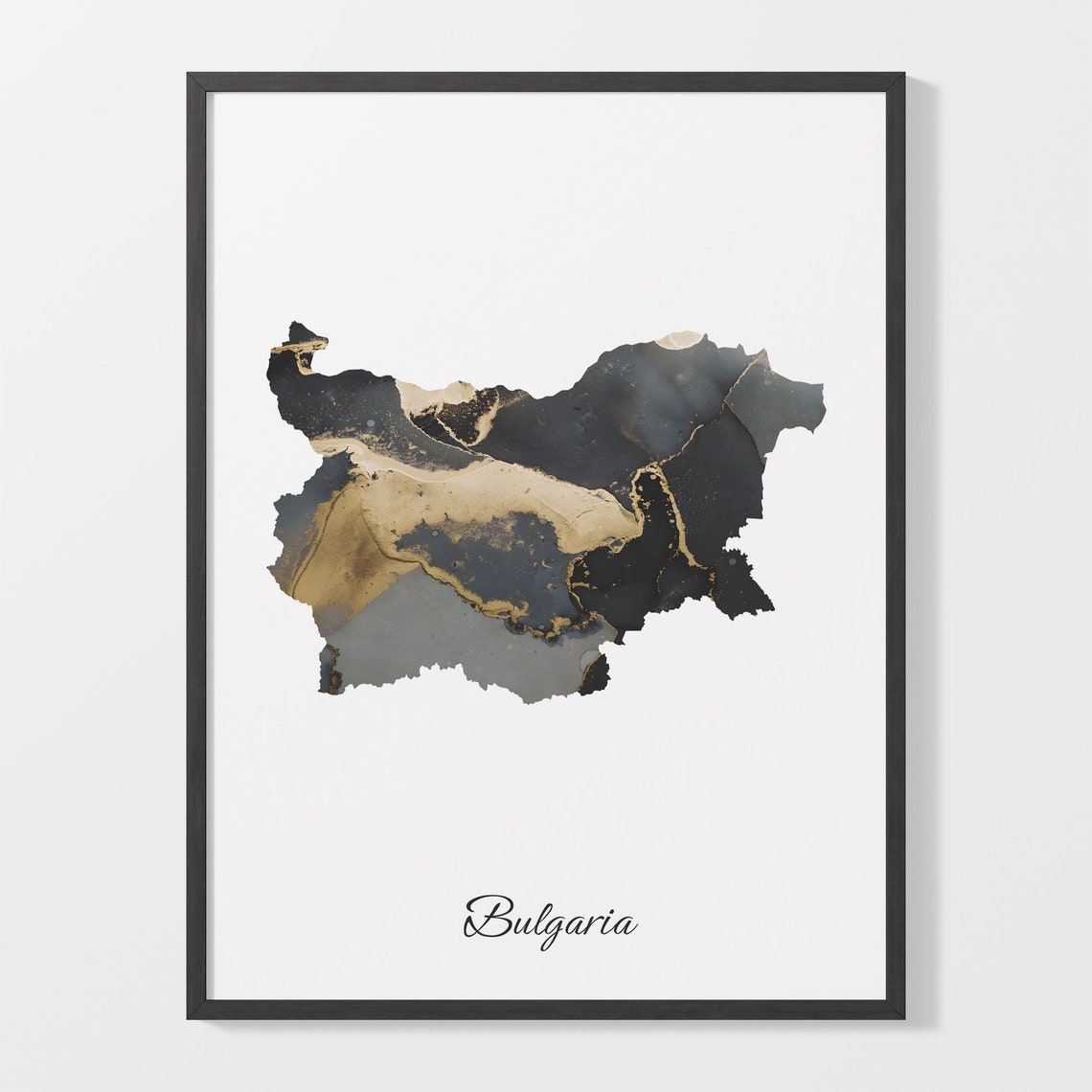 Bulgaria Black and Gold Marble Silhouette Country Map Poster