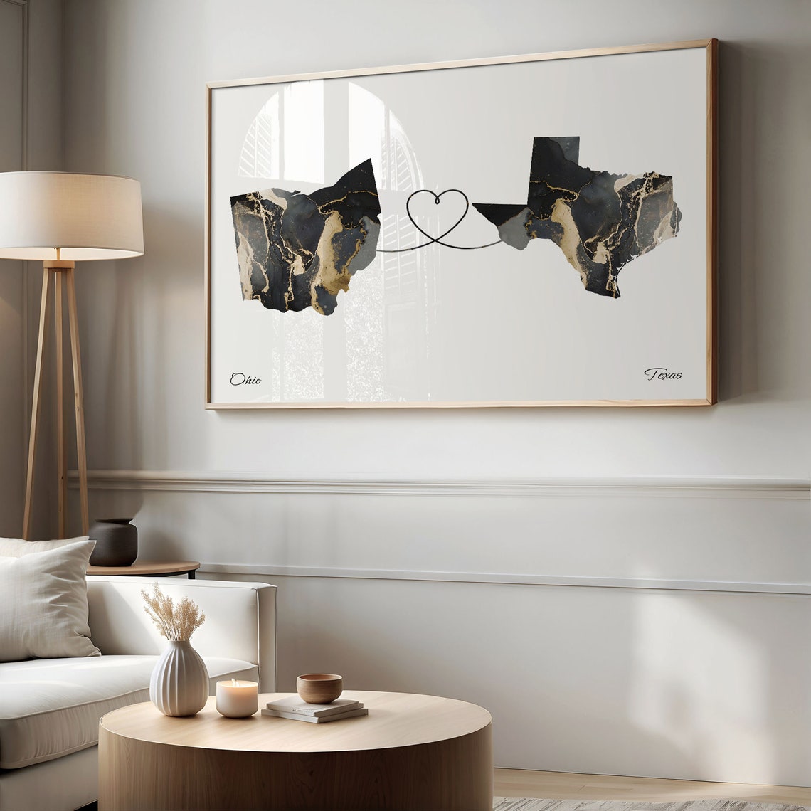 Ohio to Texas Black Gold Marble Map Heart Long Distance Poster - Image 2