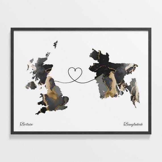 Britain to Bangladesh Heart Connected Long Distance Marble Map Poster