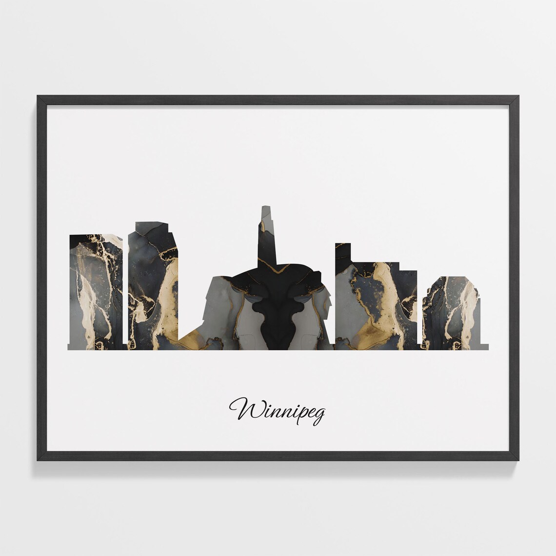 Winnipeg Canada Black Gold Marble Skyline Silhouette Art Poster