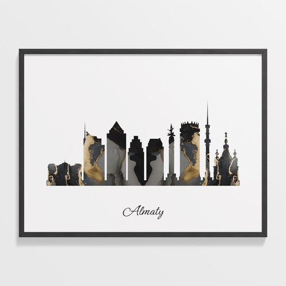 Almaty Kazakhstan Black Gold Marble Skyline Silhouette City Print