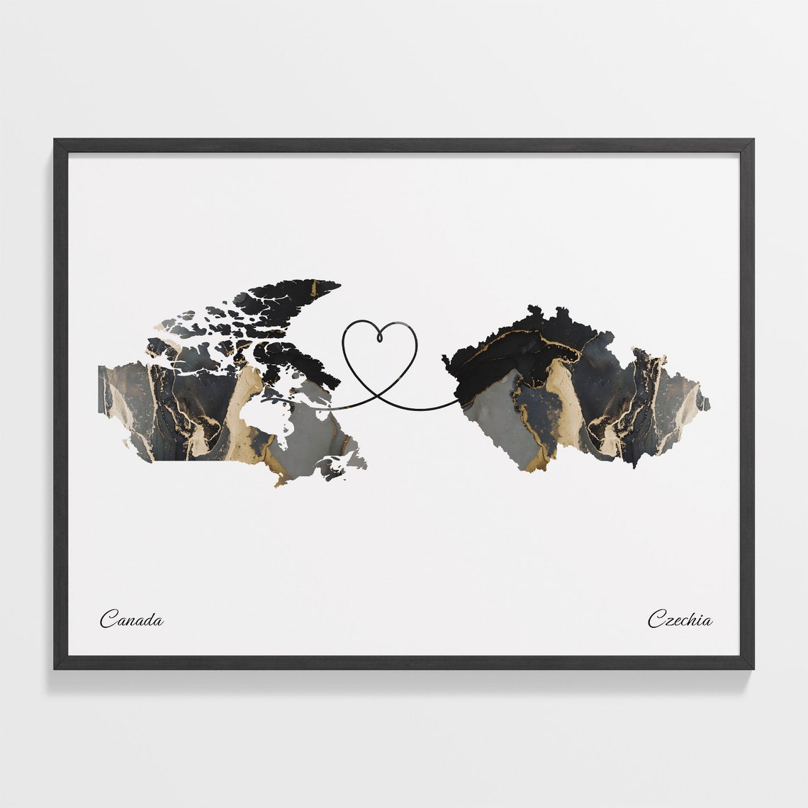 Canada to Czechia Black Gold Marble Heart Connection Map Poster