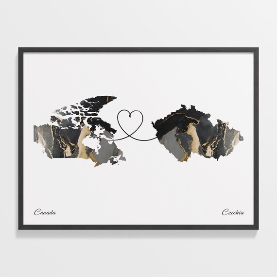 Canada to Czechia Black Gold Marble Heart Connection Map Poster