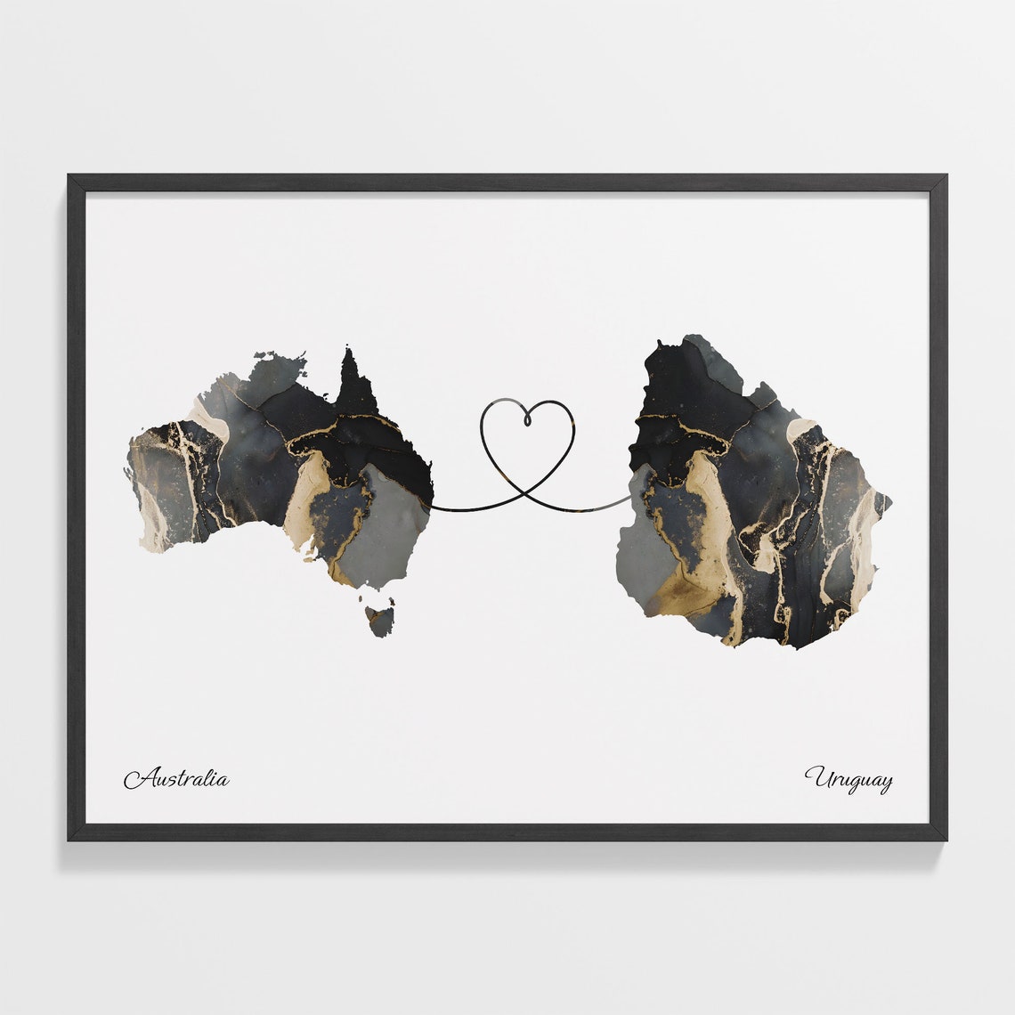 Australia and Uruguay Black Gold Marble Map Heart Connection Poster