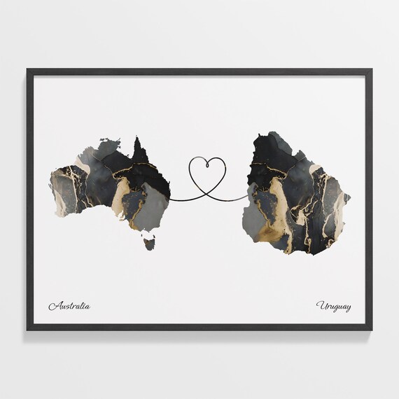 Australia and Uruguay Black Gold Marble Map Heart Connection Poster