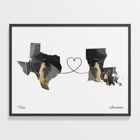 Texas To Louisiana Travel Map Poster, Map Art