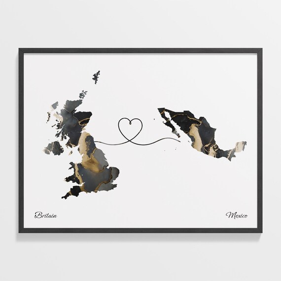 Britain and Mexico Heart Connection Black and Gold Marble Poster
