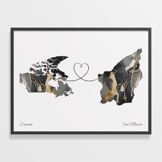Canada and San Marino Two Countries Black Gold Marble Map Poster