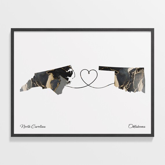 North Carolina to Oklahoma Black Marble State Map Long Distance Love Poster