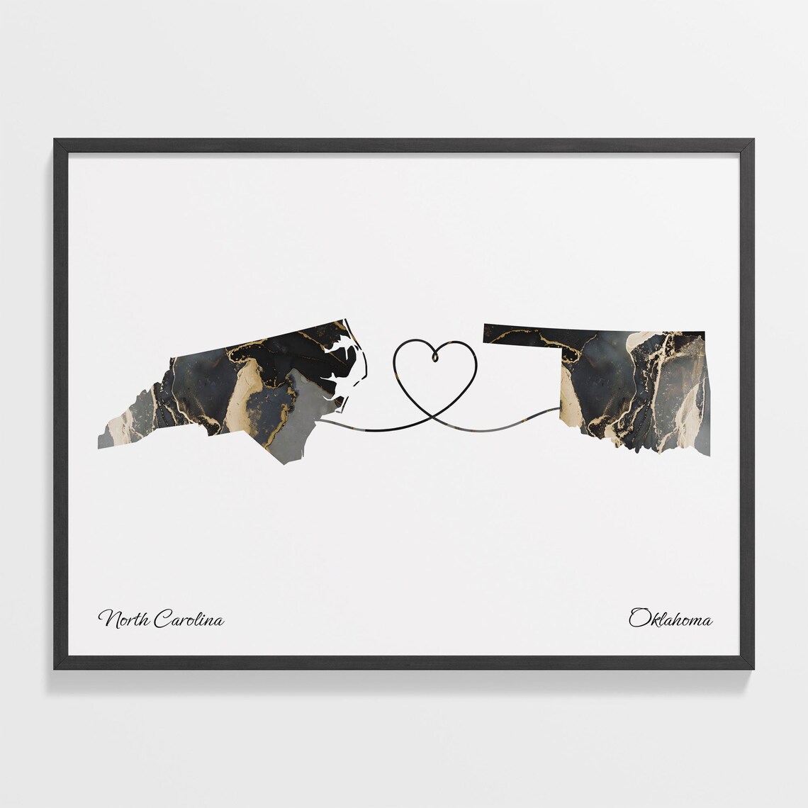 North Carolina to Oklahoma Black Marble State Map Long Distance Love Poster