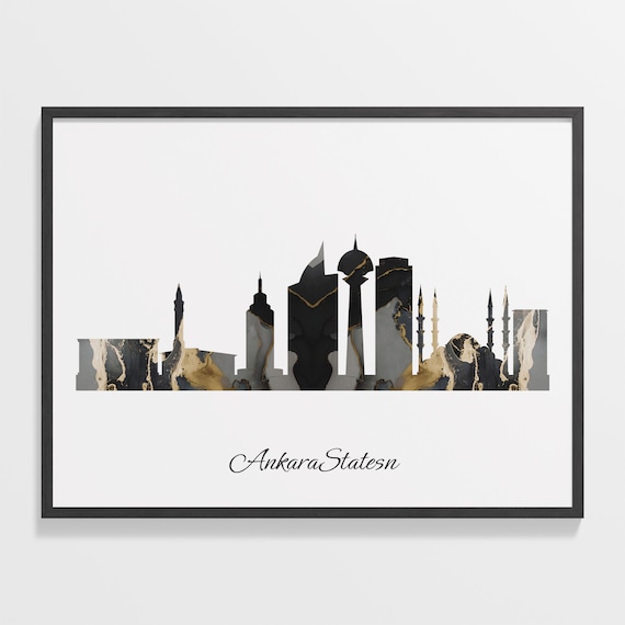 Ankara Turkey Black Gold Marble Skyline Silhouette City Print
