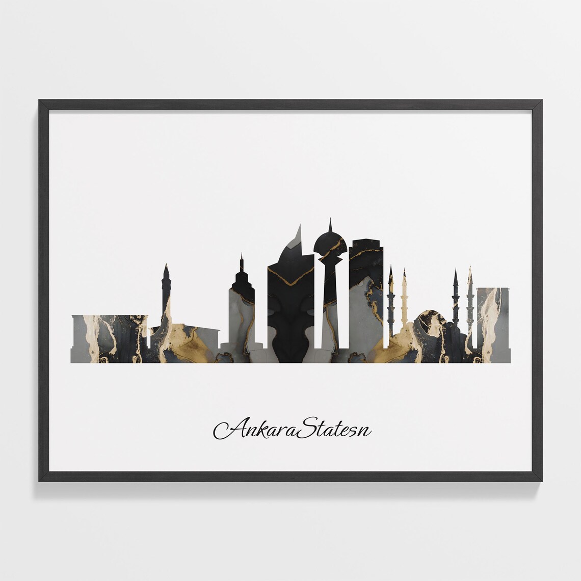 Ankara Turkey Black Gold Marble Skyline Silhouette City Print