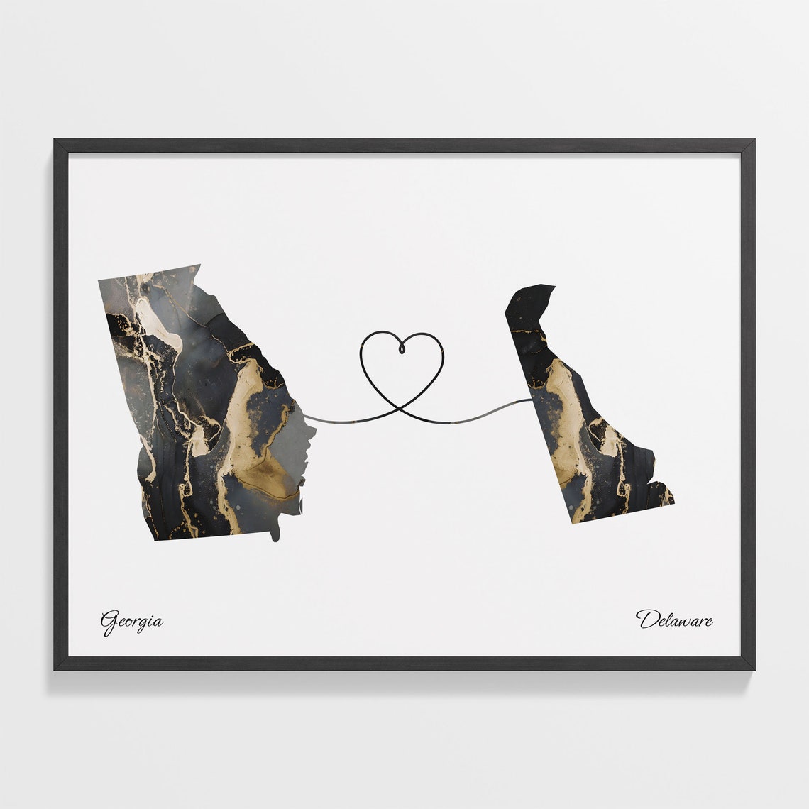 Georgia to Delaware Two State Long Distance Heart Marble Map Poster