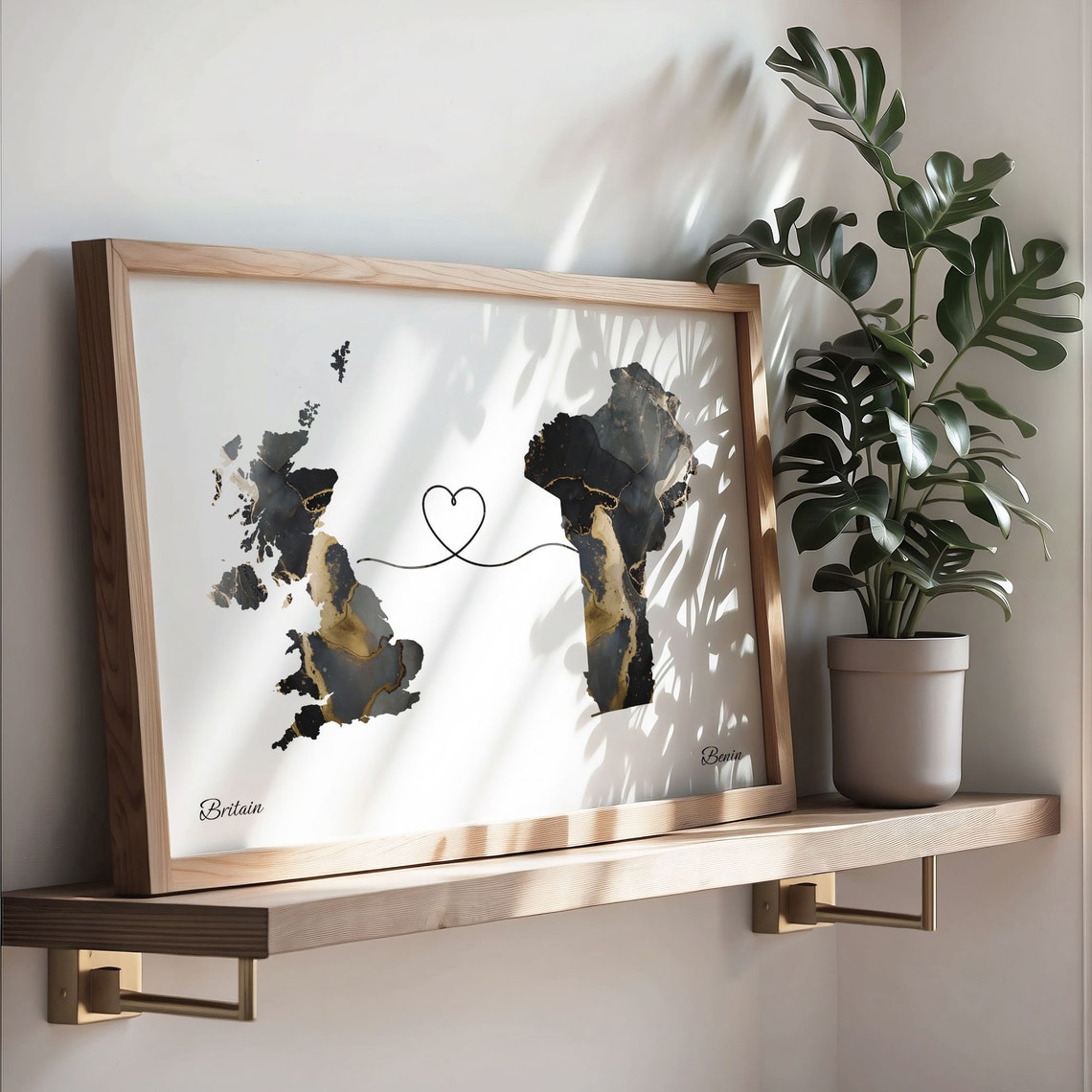 Britain to Benin Heart Connected Long Distance Marble Map Poster - Image 3