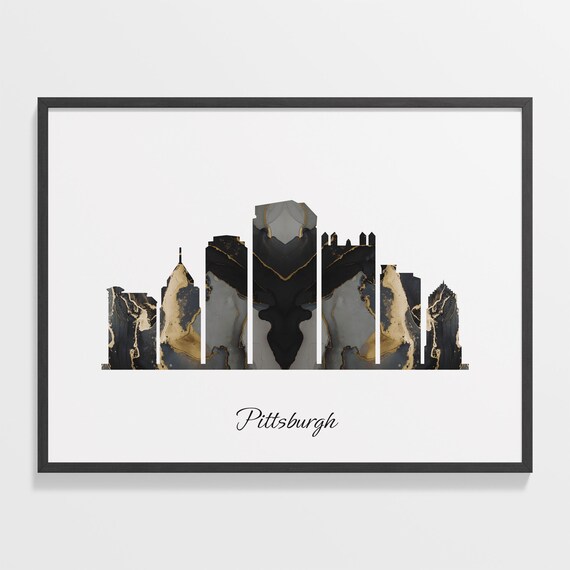 Pittsburgh USA Marble Skyline Black Gold Minimalist Cityscape Poster