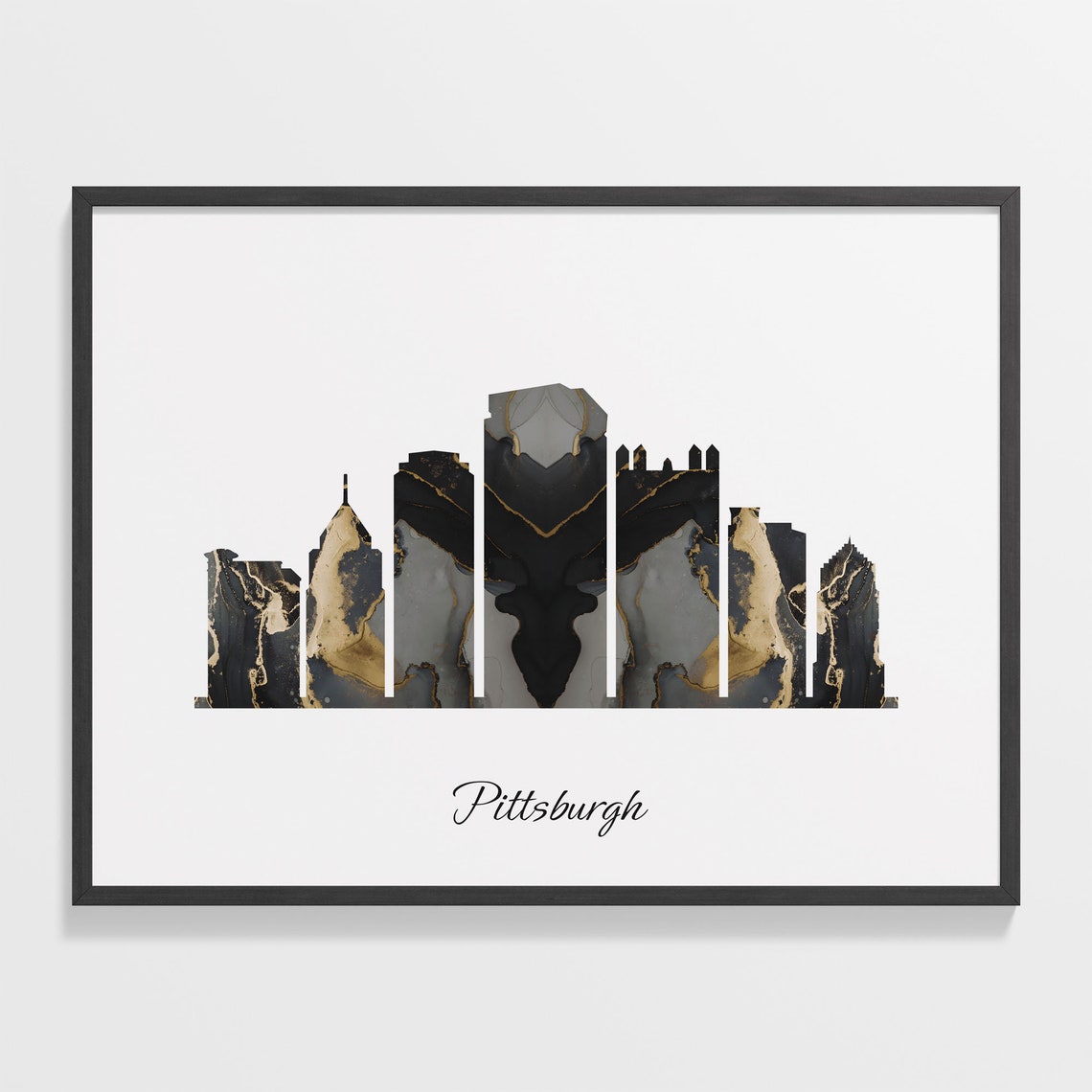 Pittsburgh USA Marble Skyline Black Gold Minimalist Cityscape Poster