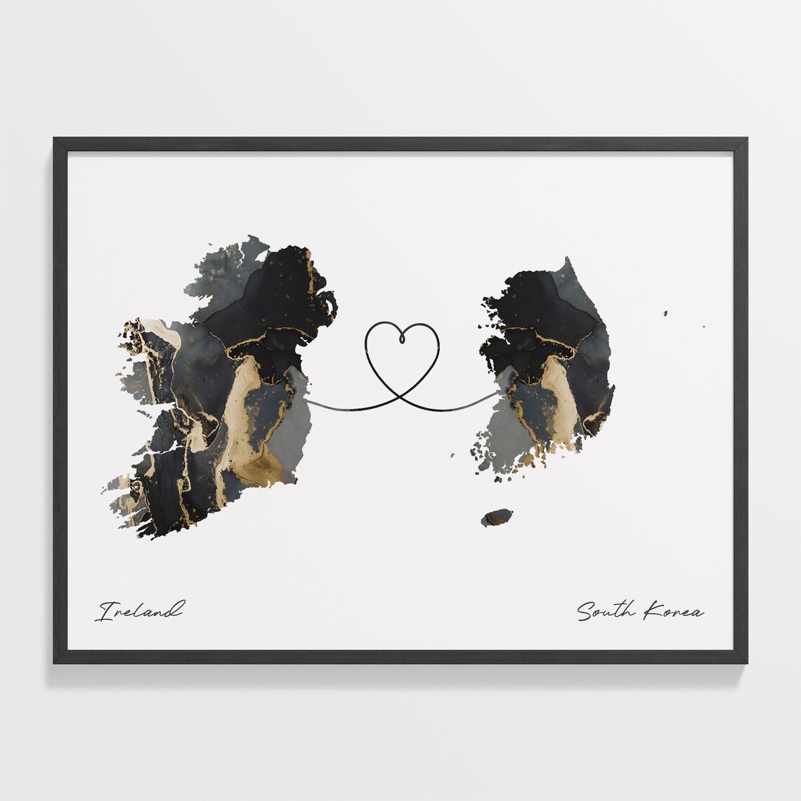 Ireland To South Korea Elegant Black Marble Two Country Heart Map Poster