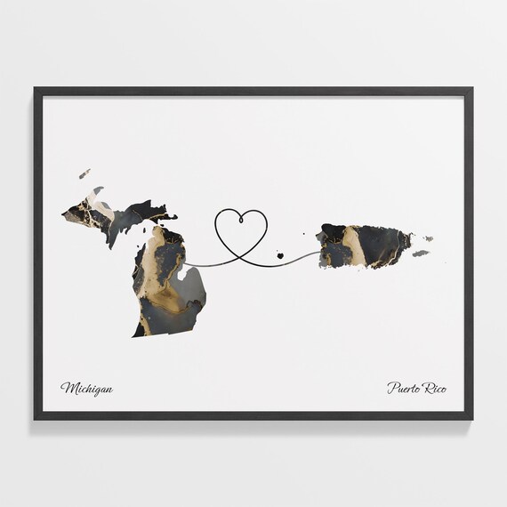 Michigan To Puerto Rico Marble Map Heart Poster Long Distance Love Gift