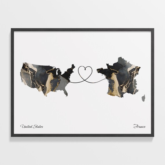 United States and France Marble Map Heart Long Distance Poster