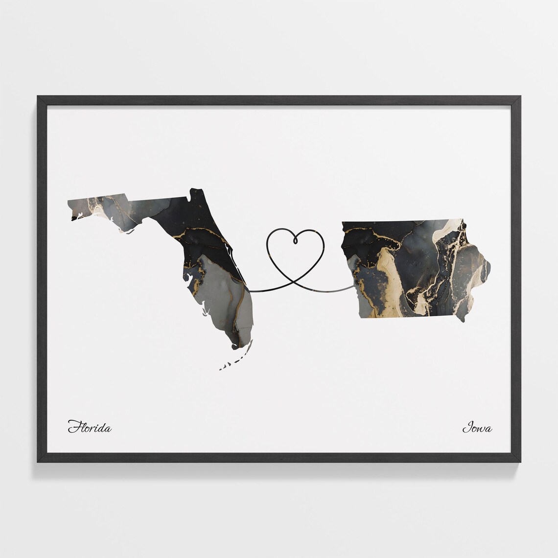 Florida to Iowa Long Distance Love Black Gold Marble Map Art Poster