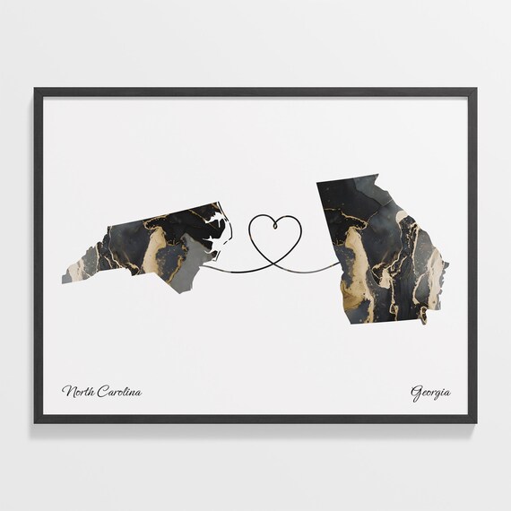 North Carolina Georgia Long Distance Black Gold Marble Heart Map Poster