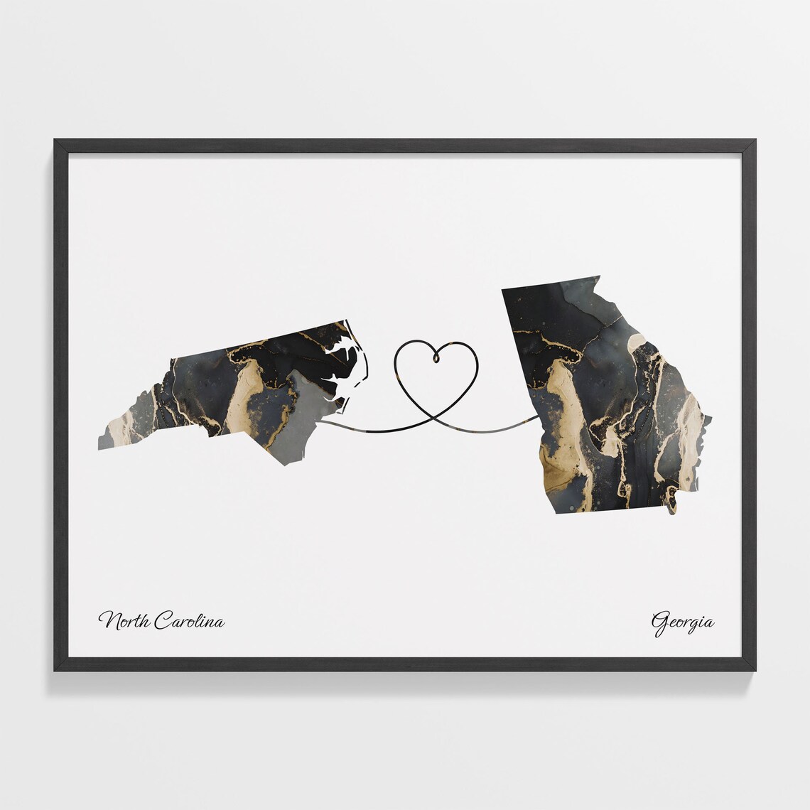 North Carolina Georgia Long Distance Black Gold Marble Heart Map Poster