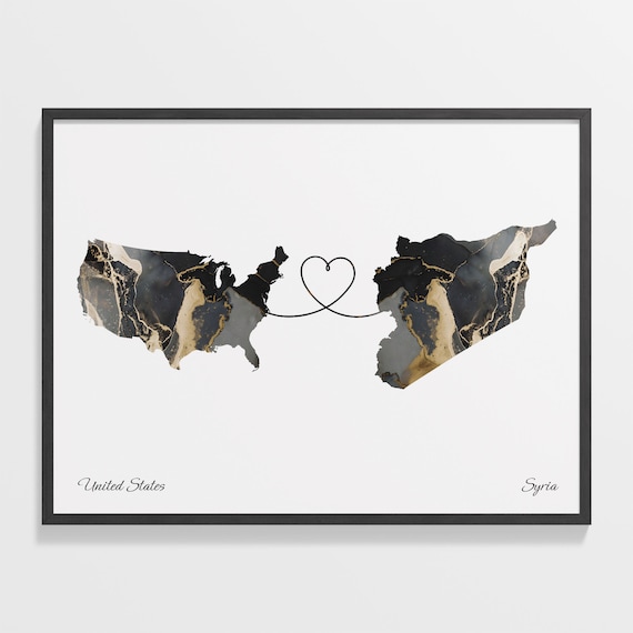 United States to Syria Two Country Long Distance Heart Marble Map Poster