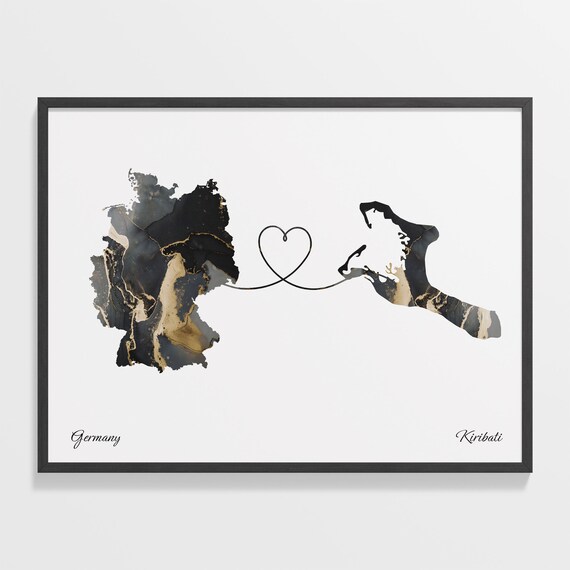 Germany to Kiribati Marble Heart Map Poster Long Distance Love Gift