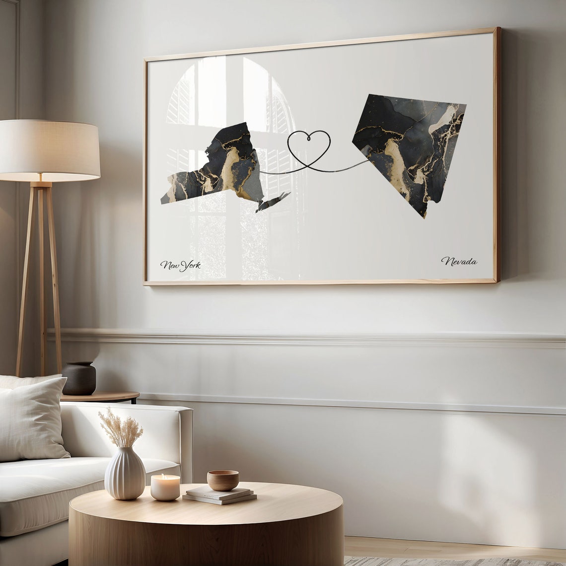 New York to Nevada Heart Connection Modern Marble Map Poster - Image 2