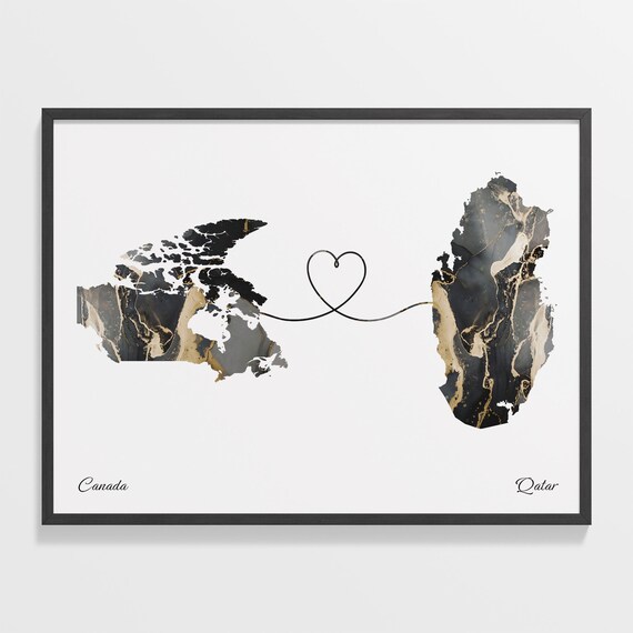 Canada and Qatar Long Distance Black Marble Heart Connection Map Poster