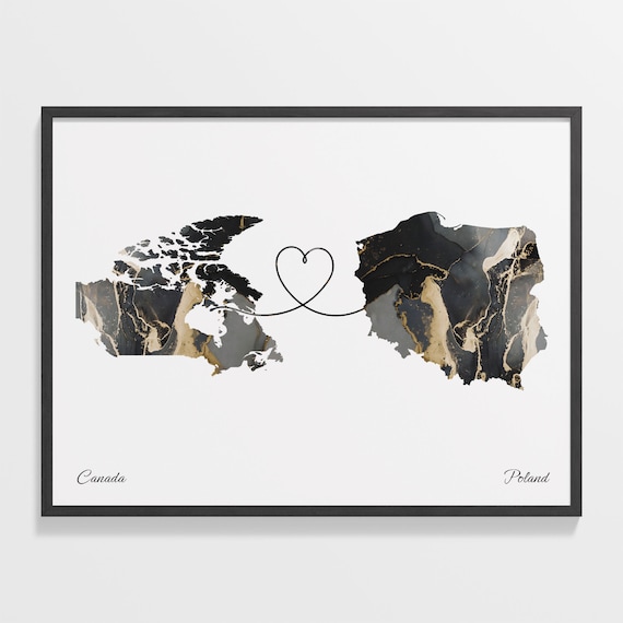 Canada Poland Long Distance Love Black Marble Heart Map Poster