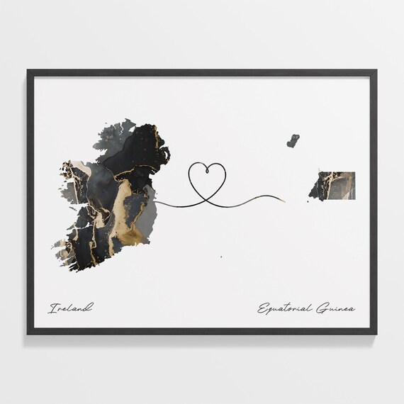Ireland Equatorial Guinea Long Distance Love Black Marble Heart Map Poster