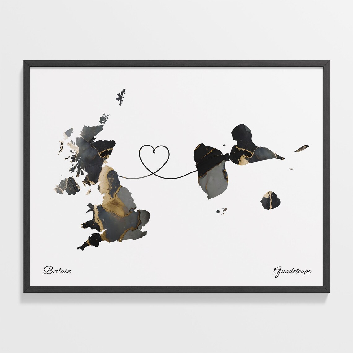 Britain to Guadeloupe Marble Heart Map Poster Gift for Long Distance Love