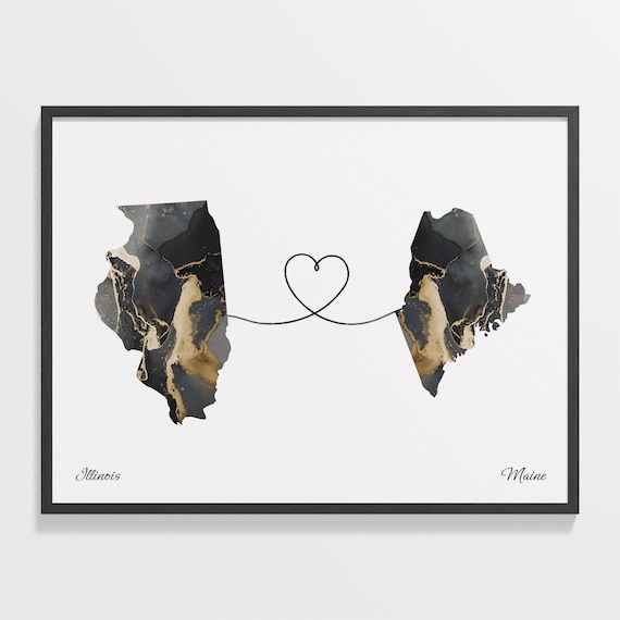 Long Distance Illinois to Maine Heart Connection Marble Map Poster
