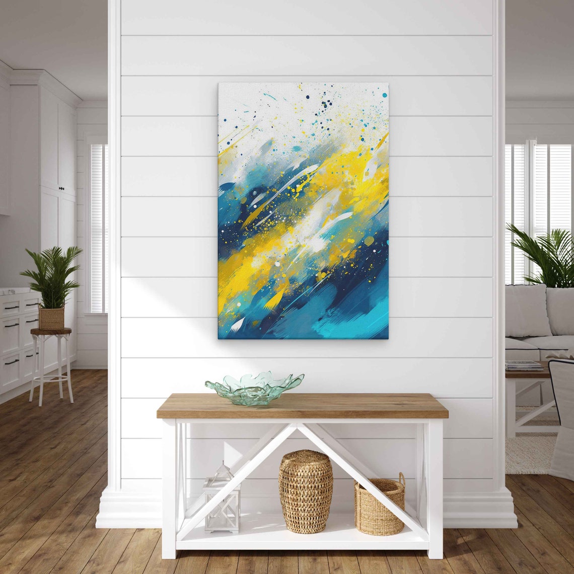 Yellow Blue Abstract Splatter Strokes Modern Wall Art Poster - Image 2