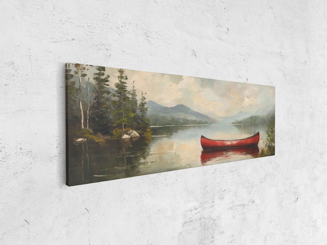 Red Canoe Tree Lined Mountain Lake Vintage Oil Painting Serene Poster - Image 4